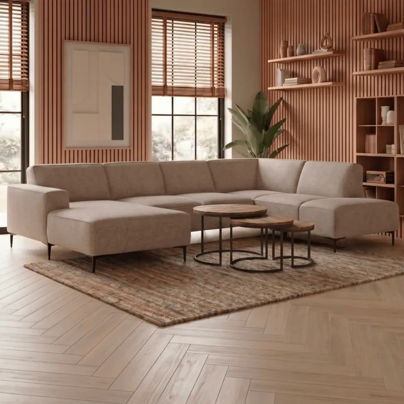Hoekbank Madrid 5-zits U-opstelling Rechts Beige Mahom Beperkte Voorraad